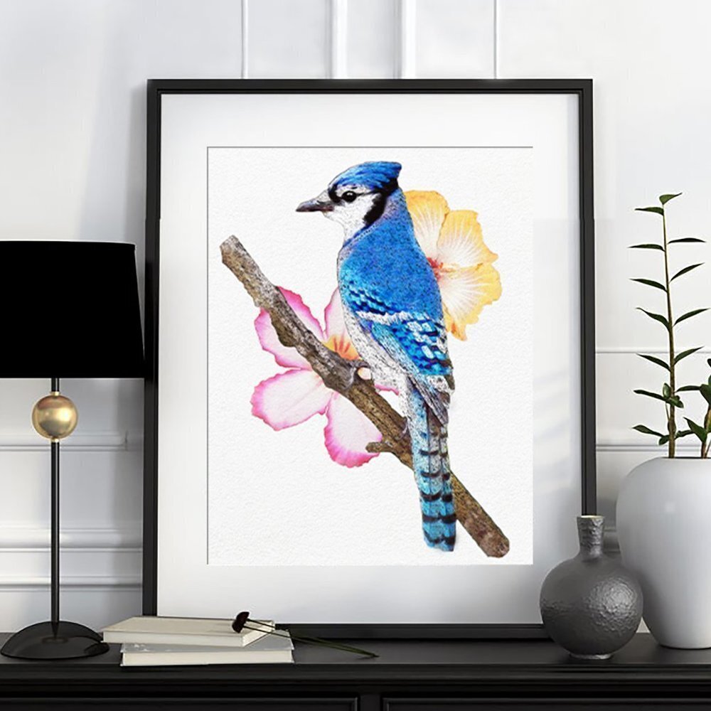 8x10 Blue Jay Bird Watercolor Oil Painting Art Print